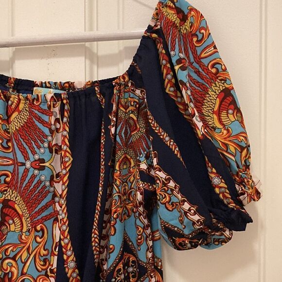 Golden Sirena Maxi Dress On/Off Shoulder, Short Sleeve, High Low Ruffled hem. - Picture 6 of 9